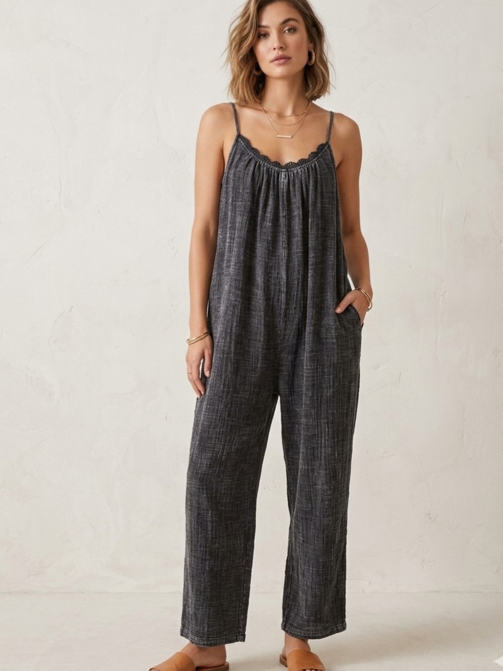CAROLE CHRISTIAN |Relaxed Cotton Charcoal Gray Wide-Leg Spaghetti-Strap Jumpsuit